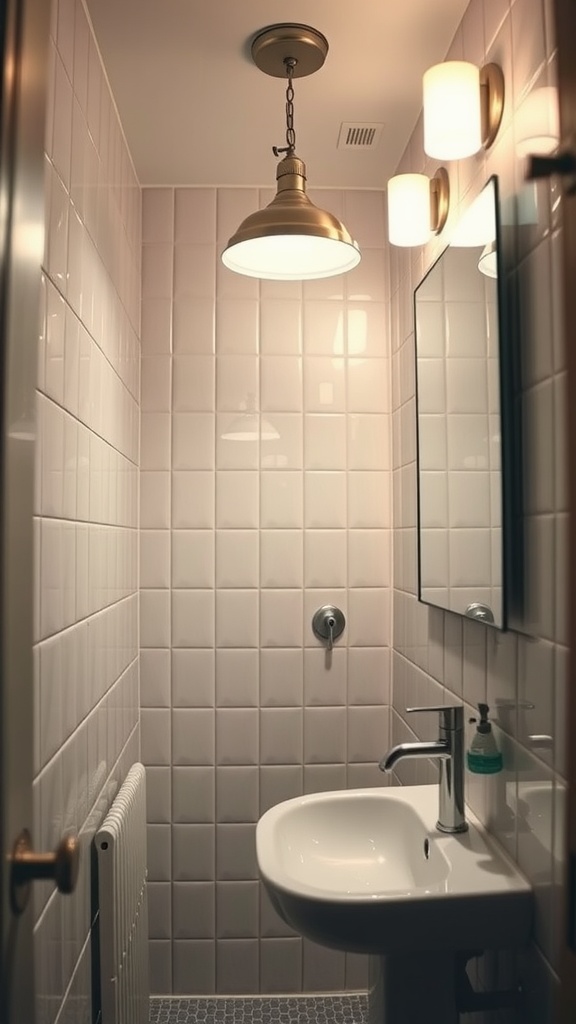 Small bathroom featuring bright lighting fixtures, including a pendant light and wall sconces.