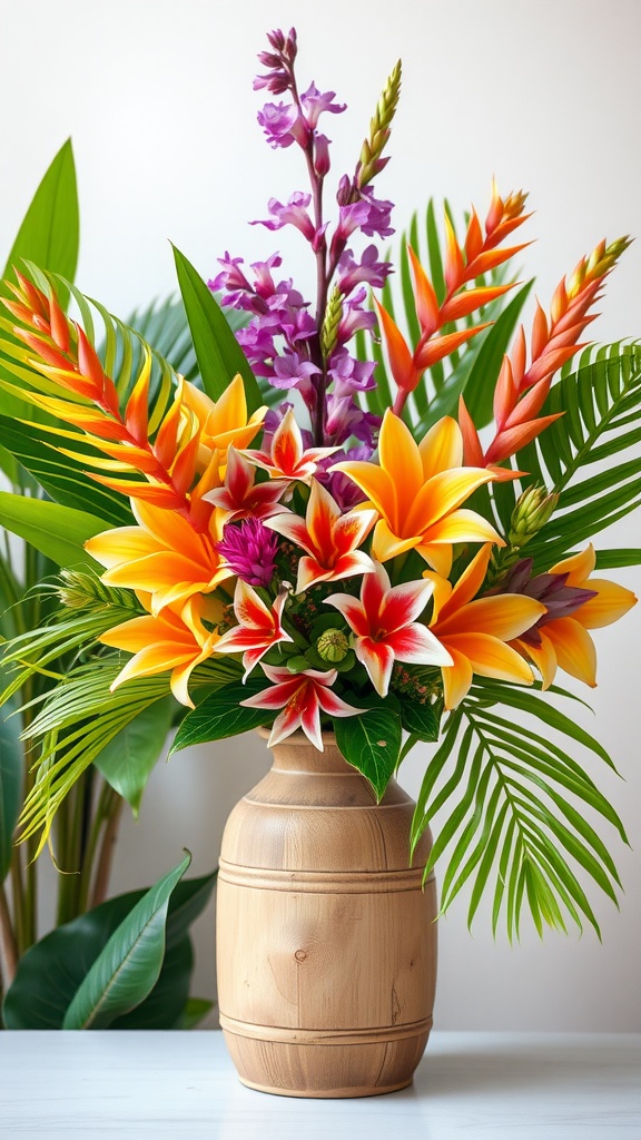 A bright tropical flower arrangement featuring vibrant lilies, heliconias, and orchids in a wooden vase with lush green foliage.