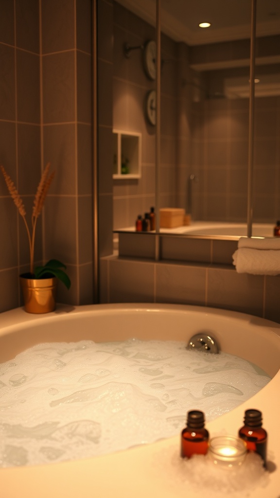 A warm bathroom with a bubble bath, essential oils, and soft lighting