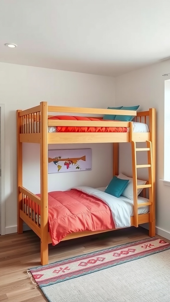 A wooden bunk bed with colorful bedding, suitable for two sisters sharing a small bedroom.