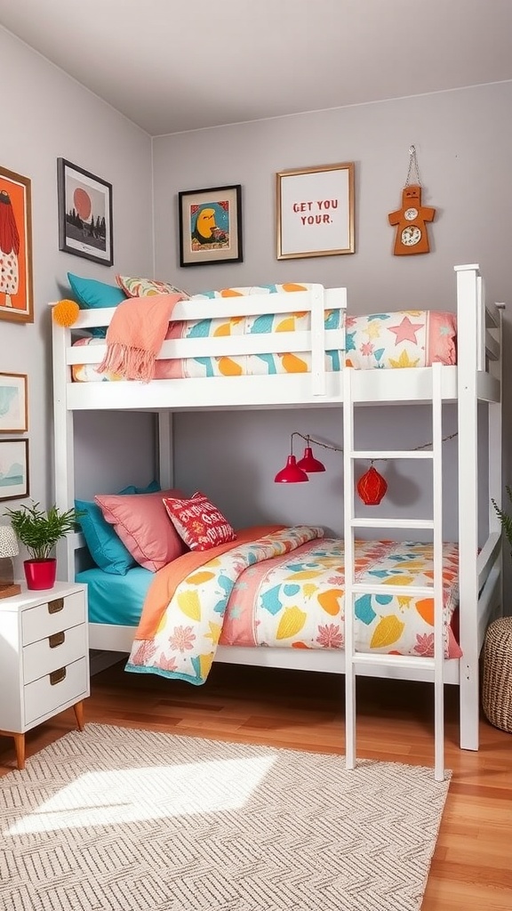 A bright and colorful bunk bed setup in a small shared bedroom, featuring vibrant bedding, a pendant light, and a dresser.