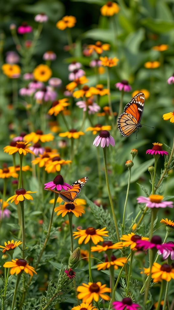 A vibrant garden scene filled with various flowers and butterflies