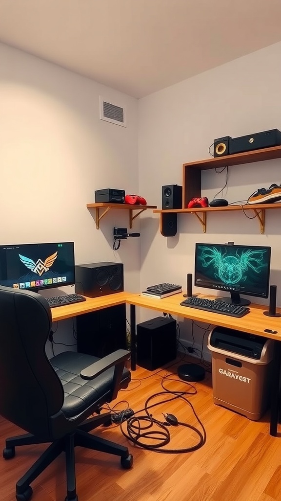 A couple's gaming room setup featuring two desks with monitors, speakers, and organized cables.