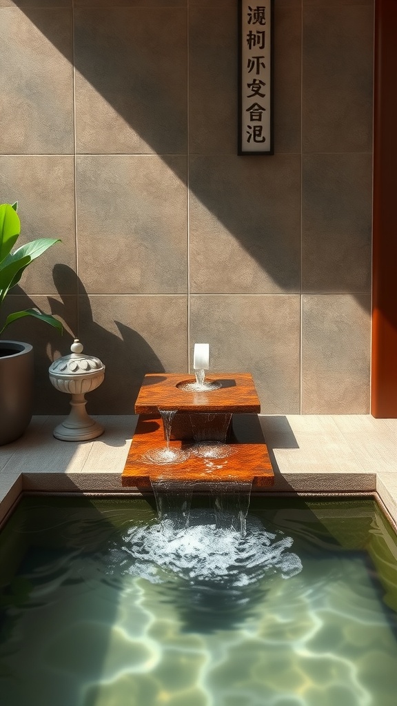 A wooden water feature in a Japanese bathroom with cascading water into a shallow pool.