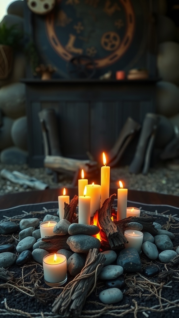 A campfire-inspired centerpiece with candles surrounded by stones and twigs.