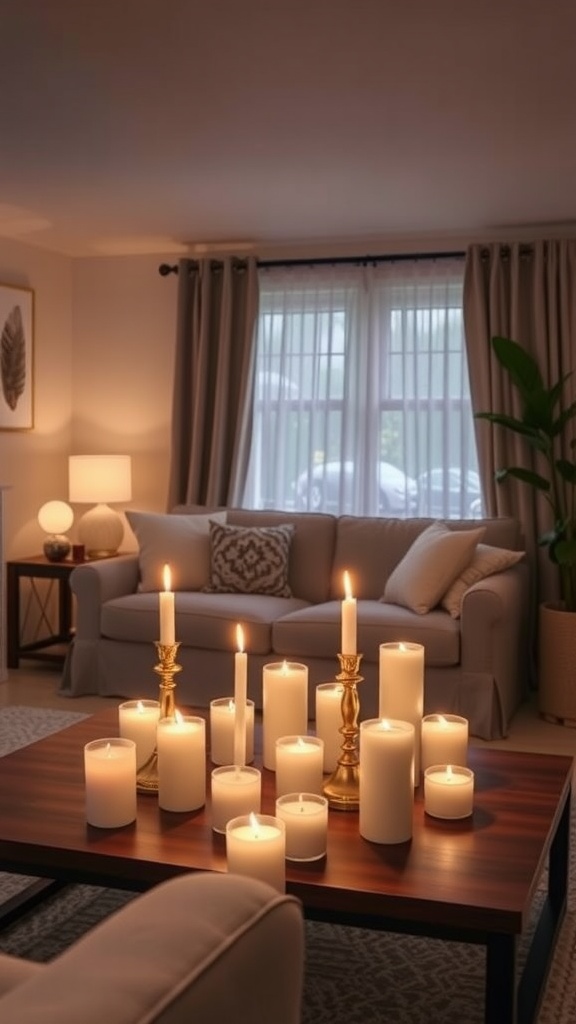 Candlelit living room with a cozy atmosphere and soft lighting.