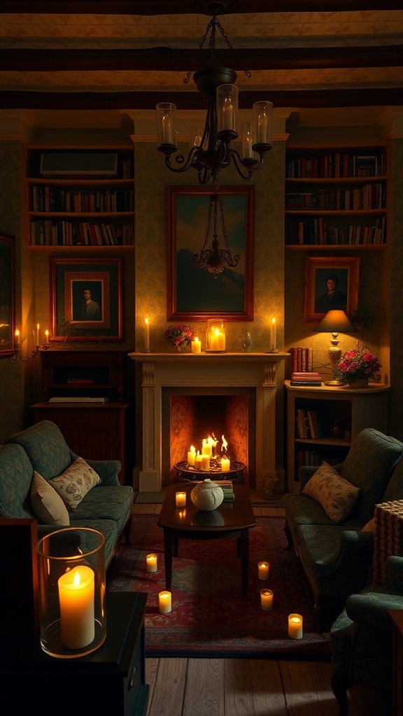 A cozy old English living room illuminated by candles and a fireplace.