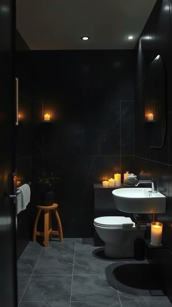 A dark bathroom with candles lit on the counter and walls, creating a warm and relaxing ambiance.