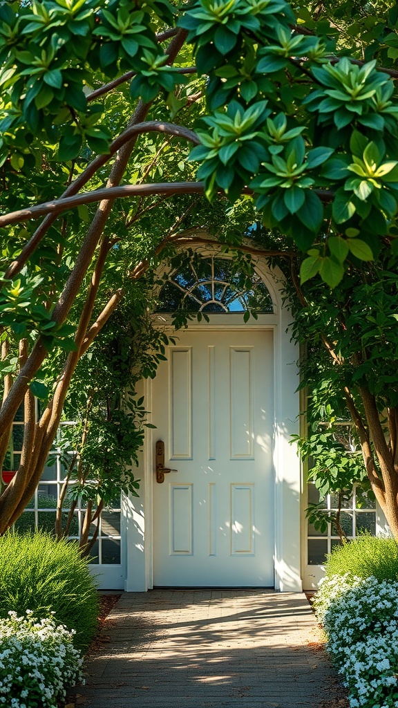 A white garden door framed by lush greenery and flowers, with a canopy of leaves overhead.