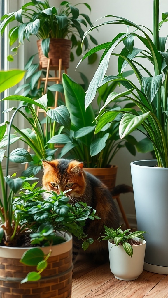 A cozy indoor setup with various plants and a curious cat exploring the greenery.