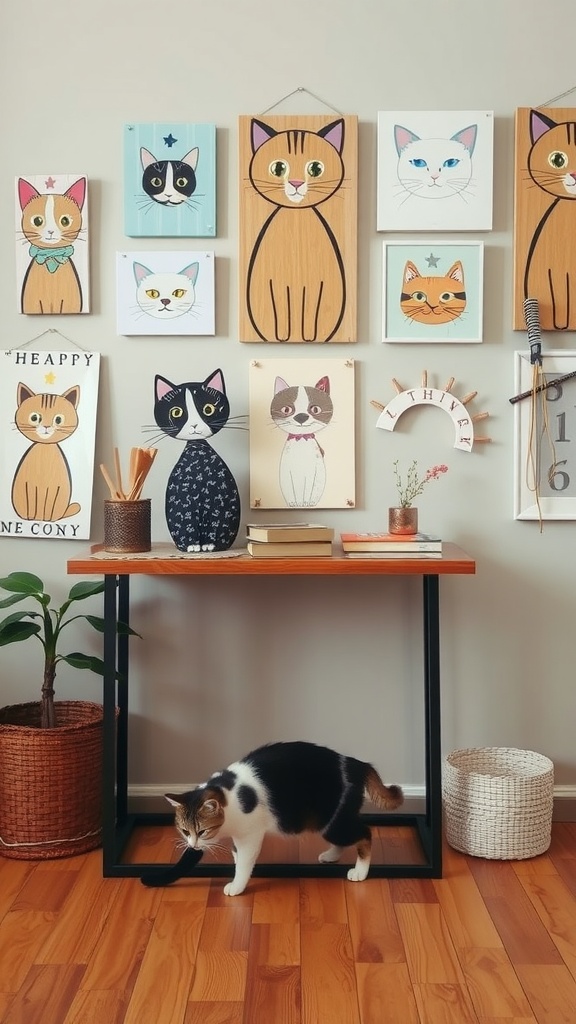 A collection of colorful cat-themed wall art displayed on a wall with a curious cat on the floor.