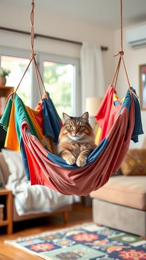 A cat resting in a colorful hammock made from old t-shirts, suspended indoors.