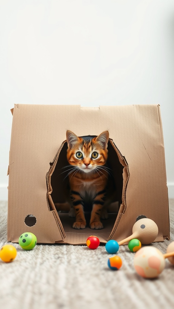 A cat peeking out from a cardboard tunnel surrounded by colorful toys.