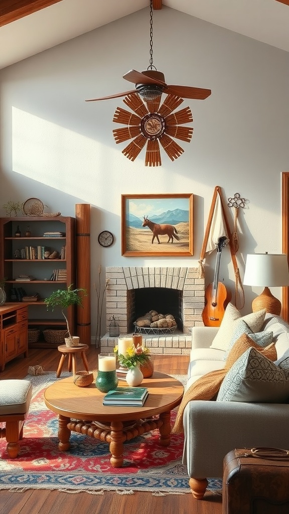 A modern western living room featuring wooden furniture, artwork, and cozy decor.