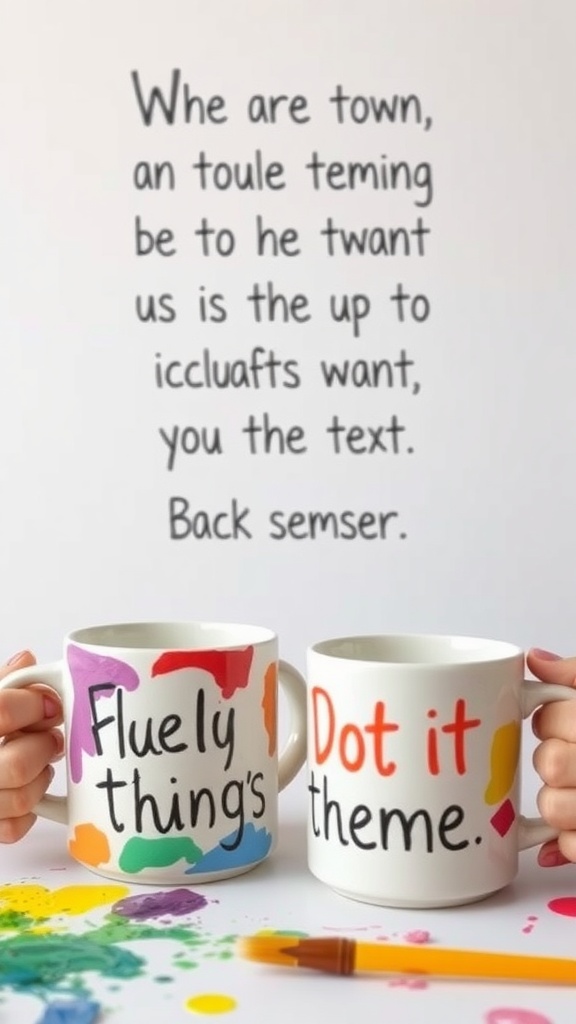 Two painted ceramic mugs with colorful designs and playful phrases.