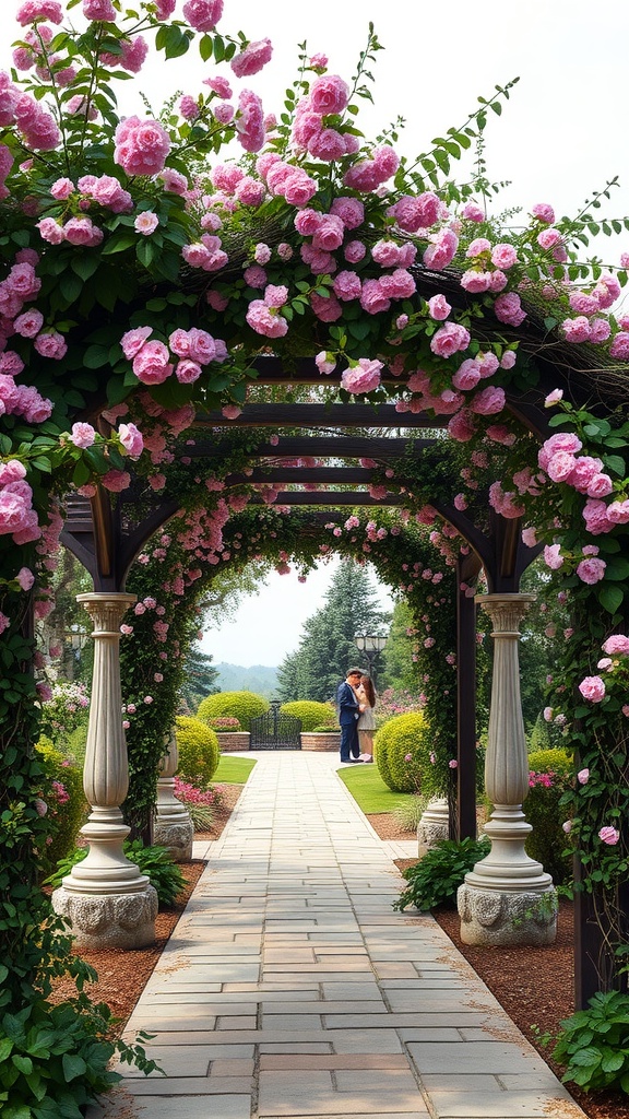 A stunning garden arbor draped with pink roses, leading to a stone pathway and a couple embracing in the distance.