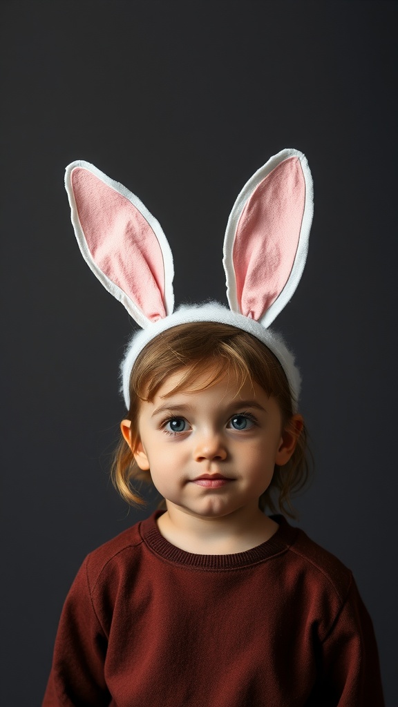 A child wearing a fluffy headband with large white bunny ears and a pink inner lining.