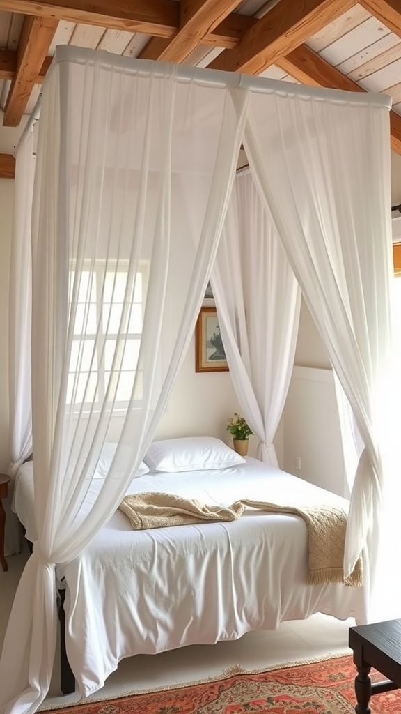 A serene bedroom featuring a white canopy bed with flowing curtains and rustic wooden beams.