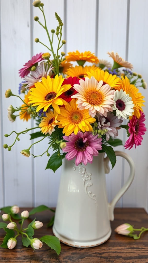 A bouquet of colorful flowers in a white pitcher on a wooden table, showcasing a variety of daisies and greenery.