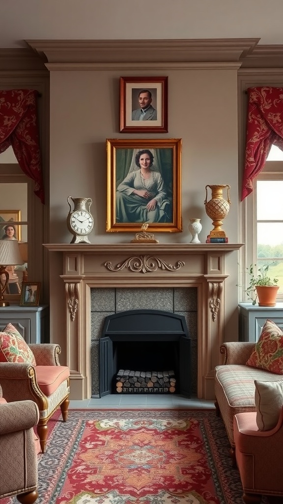 Cozy cottagecore aesthetic living room with a charming fireplace and vintage decor.