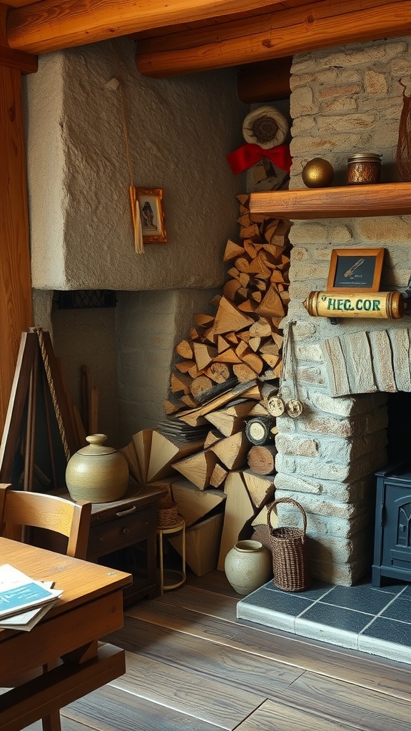 A cozy living room featuring neatly stacked firewood near a stone fireplace, surrounded by natural decor elements.