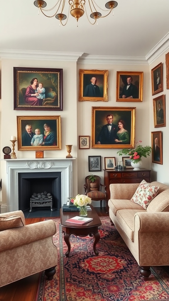 A cozy old English living room with gallery walls displaying various portraits, a fireplace, and elegant furniture.