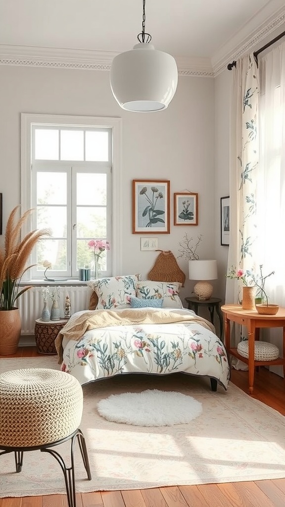 A bright and cozy bedroom with floral bedding, natural light, and garden-inspired decor.