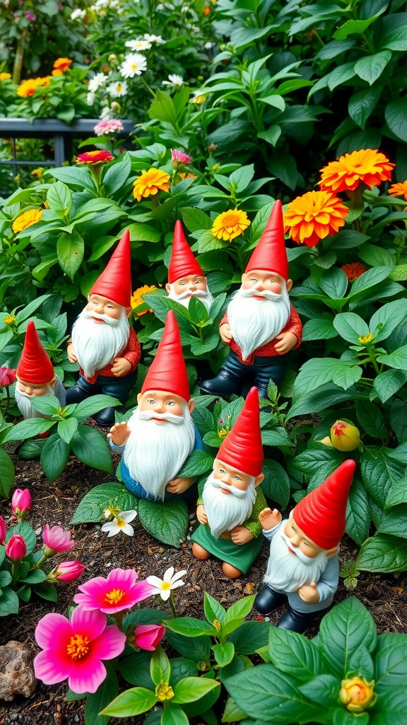 A group of colorful garden gnomes nestled among vibrant flowers in a lush garden.