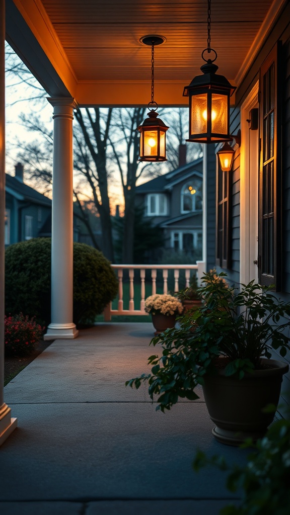 A cozy front porch with hanging lanterns providing soft lighting at dusk.