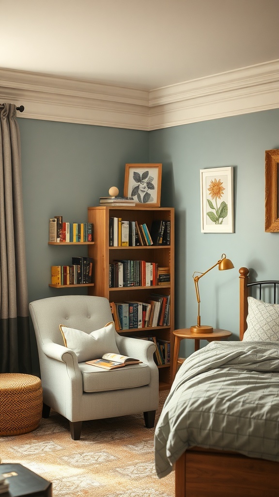 Cozy reading nook in a small bedroom with a comfortable armchair, bookshelves, and decorative elements.