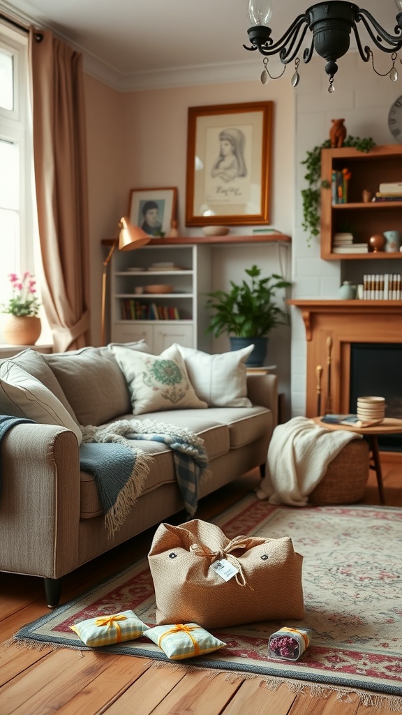 A cozy living room featuring a couch, decorative pillows, and charming scented sachets on the floor