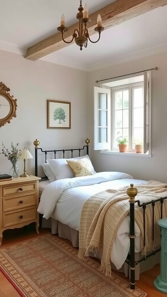 A cozy French cottage bedroom featuring an iron bed, wooden accents, and soft natural light.