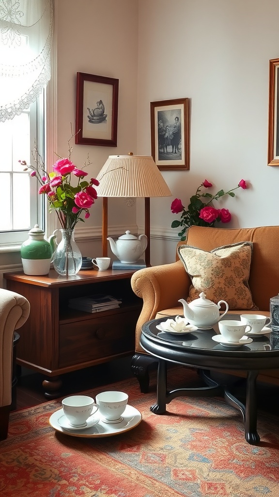 A cozy living room featuring a charming tea station with a vintage teapot, delicate china cups, vibrant flowers, and warm lighting.