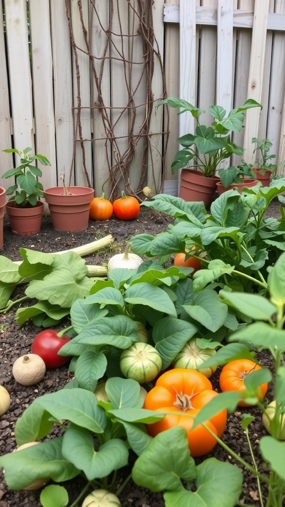 A cozy vegetable patch with various plants and pots, featuring bright vegetables and a rustic wooden fence.