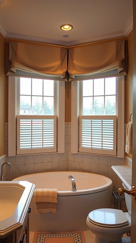 A warm and inviting bathroom with charming window treatments, featuring valances and shutters.