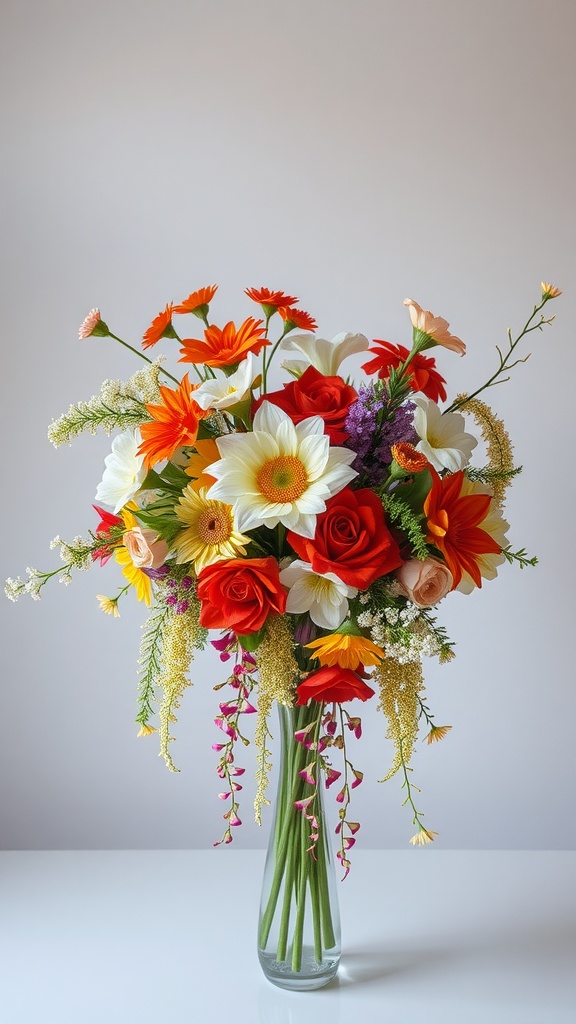 A vibrant floral arrangement with a mix of red roses, yellow daisies, and white flowers in a clear vase.