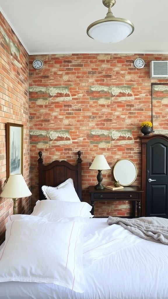 A cozy bedroom with exposed brick walls, a bed with white pillows, a bedside table with a lamp, and decorative elements.