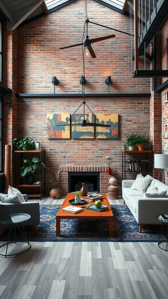 A stylish living room featuring industrial design with exposed brick walls, a wooden coffee table, white sofas, and greenery.