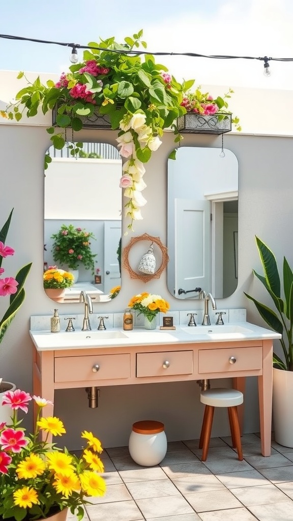 Chic outdoor vanity with double sinks, surrounded by flowers and greenery.