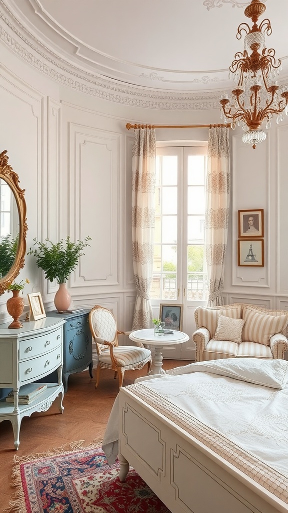 Elegant Parisian bedroom with classic furniture, intricate moldings, and natural light