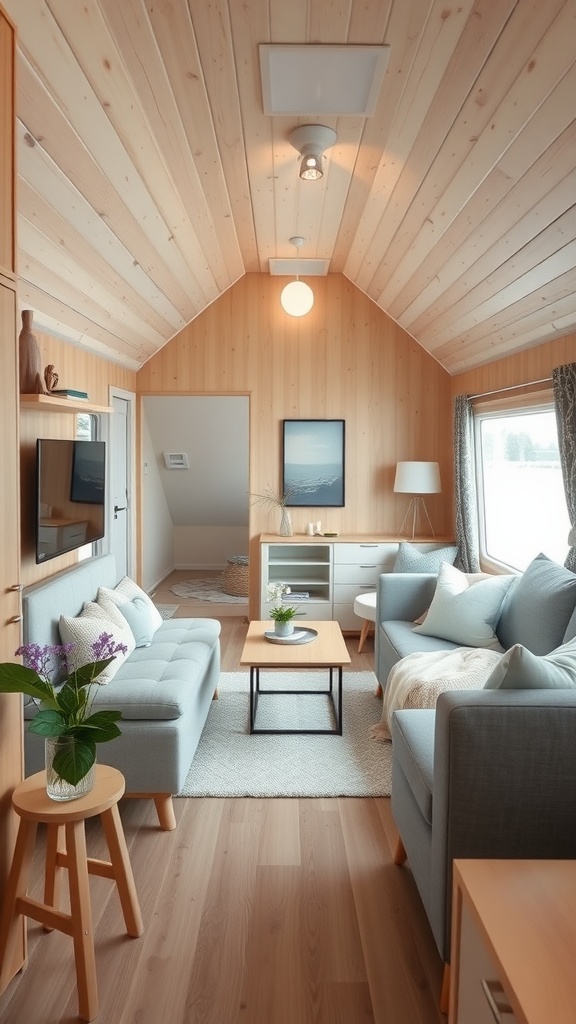 Cozy Scandinavian style living room with light wood paneling and soft blue furniture