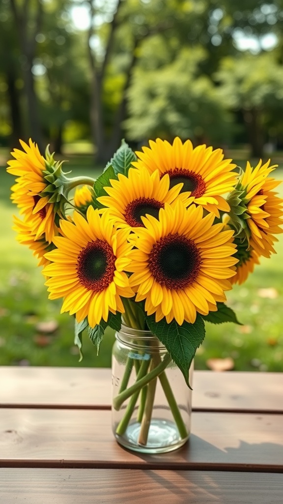 A bouquet of sunflowers in a mason jar, set on a wooden table outdoors.