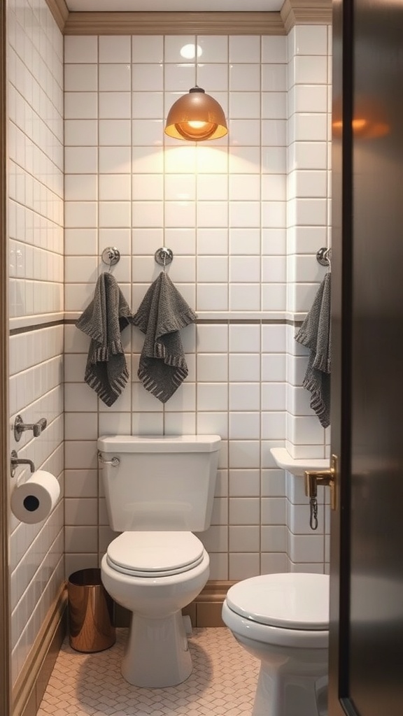 Small bathroom with white tiled walls, featuring grey towels hung on hooks and a warm light fixture.