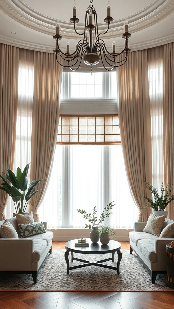 Elegantly designed living room with chic window treatments, featuring soft drapes and woven shades.