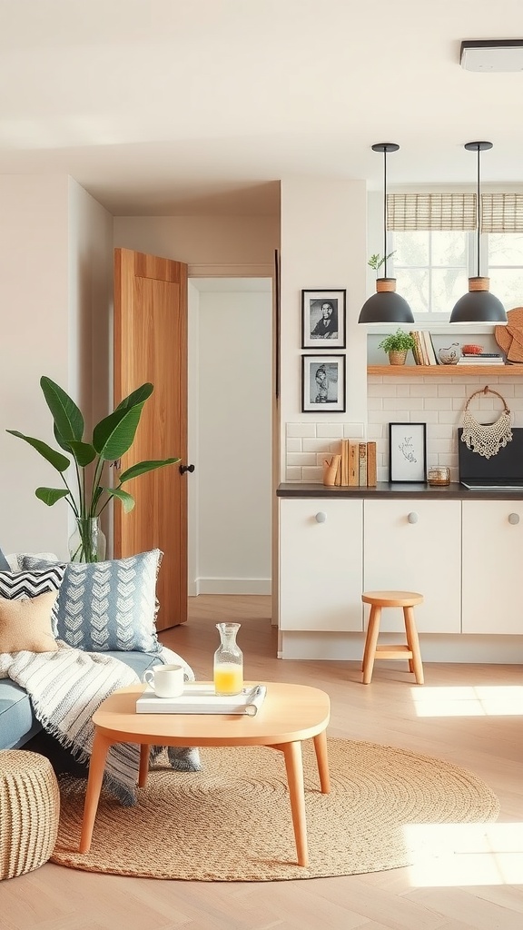 A cozy, child-friendly living room and kitchen area featuring a round coffee table, soft furniture, and natural light.