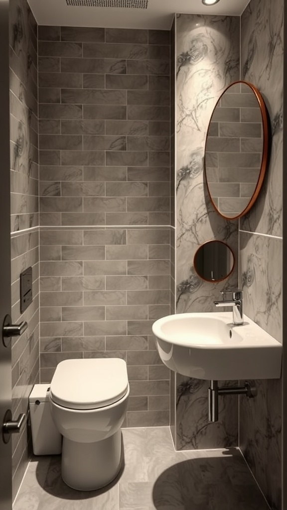 A small modern toilet room featuring a compact toilet, wall-mounted sink, and elegant marble-patterned tiles.