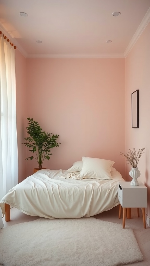 A small bedroom featuring blush pink walls, a white bedspread, and a green plant.