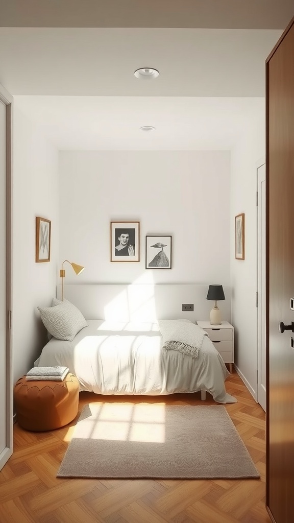 A minimalist small bedroom with a bed, artwork on the walls, and natural light.