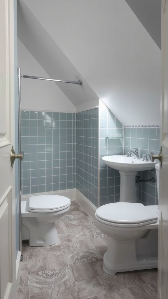 Small bathroom with slanted ceiling and wood-look tile flooring