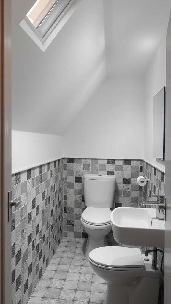 Small bathroom with slanted ceiling featuring patterned wall tiles and light-colored flooring